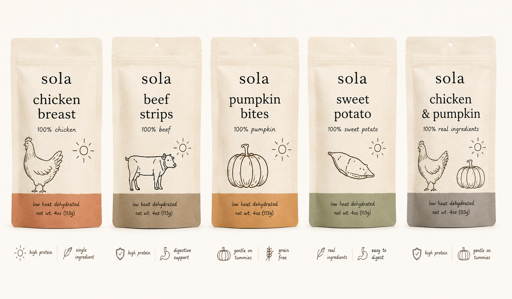 Sola pet treat pouches — chicken breast, pumpkin, and chicken & pumpkin varieties